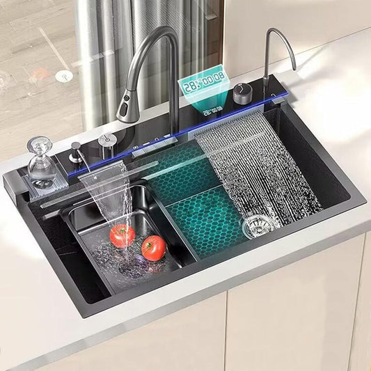 Chiuveta multifunctionala cu 2 cascade cu accesorii incluse, afisaj digital a temperaturii si robinet cascada, culoare negru grafit , 750x460mm