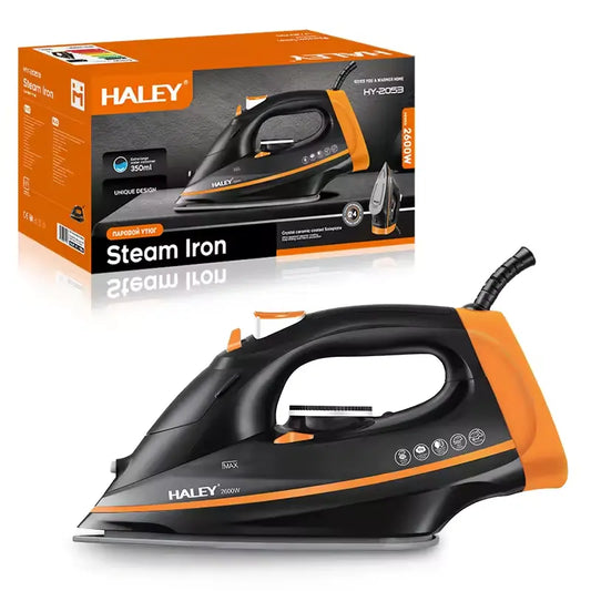 Fier de călcat cu abur HALEY HY-2053, 2600W, Talpă ceramică, Rezervor 350ml, Funcție Abur Vertical, Auto-curățare, Anti-Picurare, Negru/Portocaliu
