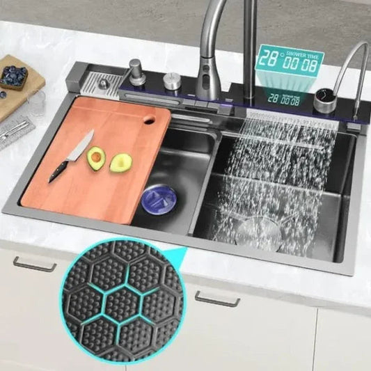 Chiuveta multifunctionala cu 2 cascade cu accesorii incluse, afisaj digital a temperaturii si robinet cascada, culoare negru grafit , 750x460mm