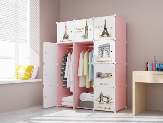 Dulap modular pentru copii, roz, AT, 12 rafturi, durabil, 110X37X147 cm, monumente