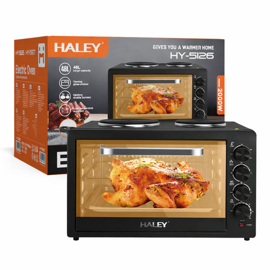 Cuptor Electric HALEY HY-5126, Garanție 3 Ani, 48L, 2000W, Plită Dublă Integrată, Timer, Temperatură Reglabilă, Design Compact