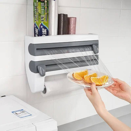 Dispenser triplu pentru bucătărie: hârtie, folie de aluminiu și folie de plastic