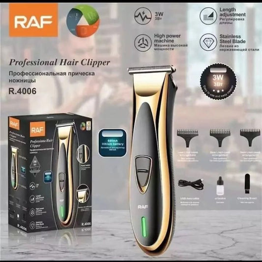 Aparat de tuns reincarcabil, RAF R4006, 3W, cu 3 distantiere, lame din otel, negru-auriu